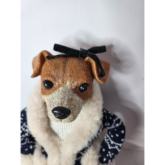 VINTAGE Female Terrier Dog Figurine Shelf Sitter Plush Resin Christmas Sweater - Picture 4 of 8
